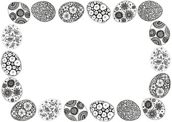 Frame of Easter eggs filled with various ornaments. Black outline on a white background. Doodle. Ornament of flowers, birds, decorative and geometric elements. Lines, circles, dots. White copy space.