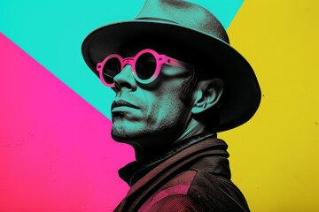 man with hat and sunglasses on colored pink and yellow background in pop art style