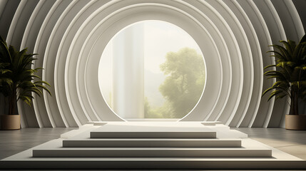 Geometric white stairs Podium with Round Circle window Decoration in the background 