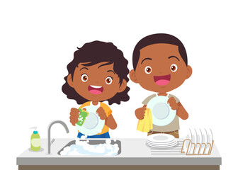 happy cute little boy and girl washing dish together