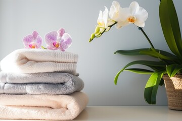 Obraz na płótnie Canvas stack of fluffy towels next to orchids with clear wall space