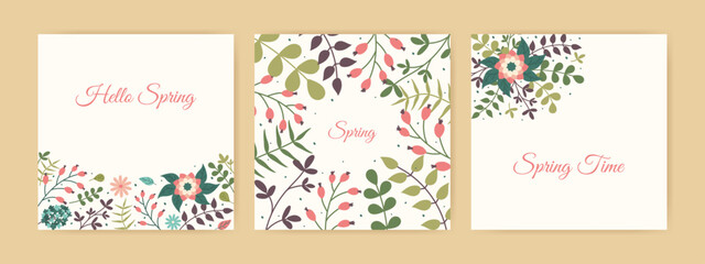 Fototapeta na wymiar Hello Spring greeting Cards set with hand drawn Flowers. Lovely floral postcards. Vector Springtime square templates for poster or social media post. Bright Bloom frames and lettering