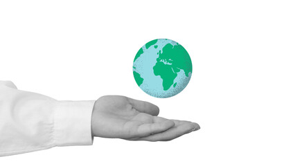 A hand with a planet Earth in a modern collage style