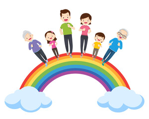 big family Exercise together for good health rainbow background