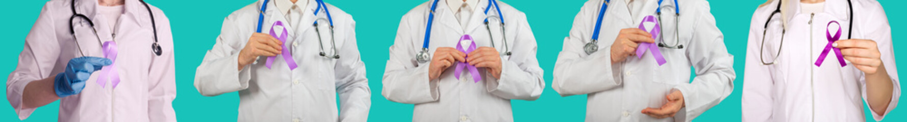 Set of five images doctor holding a purple ribbon in hands ADD,ADHD,Alzheimer Disease, Arnold Chiari Malformation,Childhood Hemiplegia stroke, Epilepsy, Chronic Acute Pain,Crohns - obrazy, fototapety, plakaty