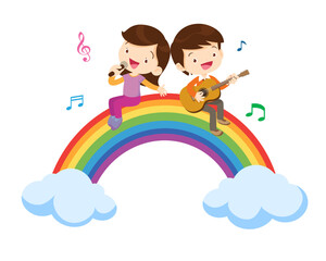Play music concept of children group on rainbow