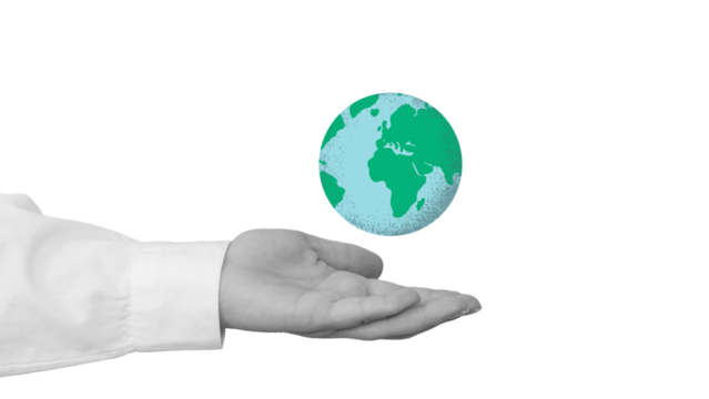 A hand with a planet Earth in a modern collage style