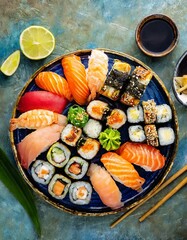 Assorted Sushi presented in a Tasteful Way - Diverse different types of Sushi - Maki, Inside-out, Nigiri, Uramaki - Japanese Cuisine - Fresh Seafood