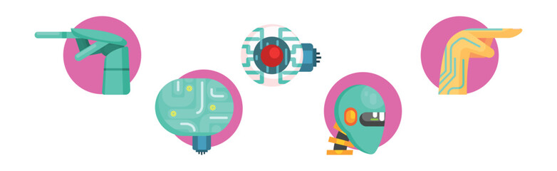 Artificial Intelligence Flat Icon and Robotic Object Vector Set
