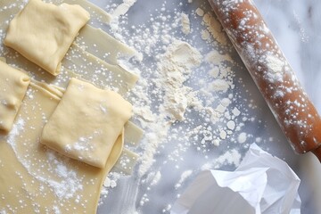 overhead of dough being rolled with a pin and flour
