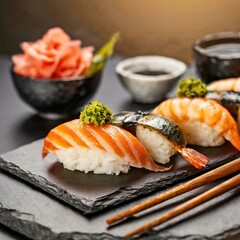 Assorted Sushi presented in a Tasteful Way - Diverse different types of Sushi - Maki, Inside-out, Nigiri, Uramaki - Japanese Cuisine - Fresh Seafood