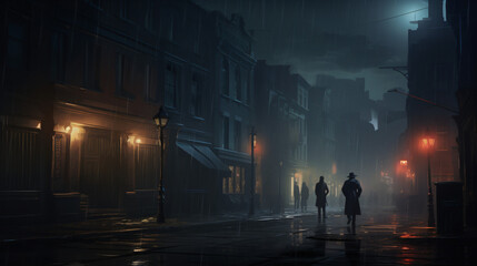 A city street at night with fog and street lights.