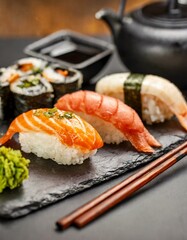 Assorted Sushi presented in a Tasteful Way - Diverse different types of Sushi - Maki, Inside-out, Nigiri, Uramaki - Japanese Cuisine - Fresh Seafood
