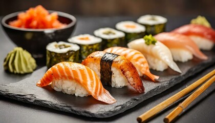 Assorted Sushi presented in a Tasteful Way - Diverse different types of Sushi - Maki, Inside-out, Nigiri, Uramaki - Japanese Cuisine - Fresh Seafood