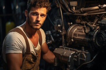 Fototapeta na wymiar Attractive confident male auto mechanic working and looking on his work in Car machine