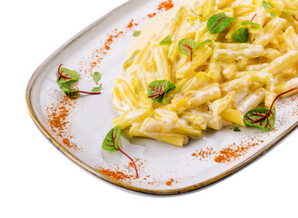 Whole wheat penne pasta with gorgonzola cheese sauce