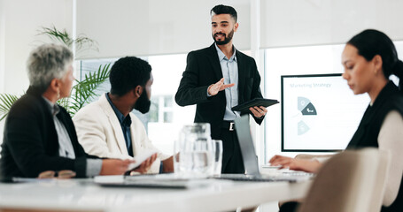 Presentation, chart and meeting with business man and tablet for planning, training and project management. Idea, strategy and data analysis with people in office for brainstorming, team and research