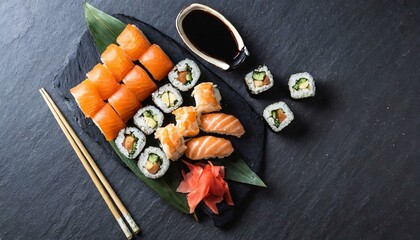 Obraz na płótnie Canvas Assorted Sushi presented in a Tasteful Way - Diverse different types of Sushi - Maki, Inside-out, Nigiri, Uramaki - Japanese Cuisine - Fresh Seafood