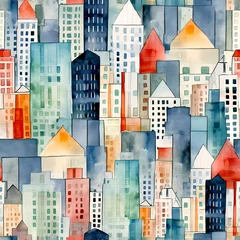 Peel and stick wall murals Watercolor painting skyscraper Big city skyscrapers, tileable pattern, watercolor illustration.