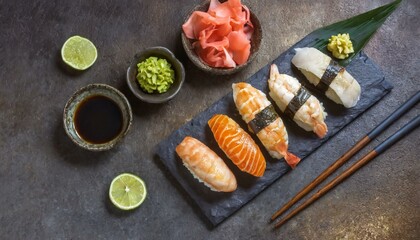 Obraz na płótnie Canvas Assorted Sushi presented in a Tasteful Way - Diverse different types of Sushi - Maki, Inside-out, Nigiri, Uramaki - Japanese Cuisine - Fresh Seafood