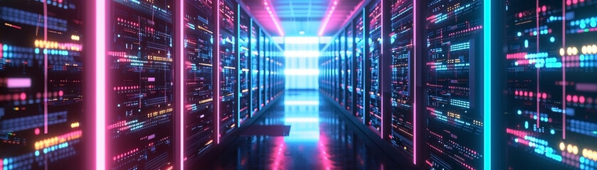 High-tech cryptocurrency mining farm, rows of servers and computers with neon lights, blockchain technology