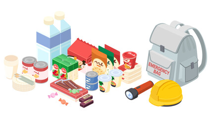 アイソメトリックで描いた防災グッズのイラストセット