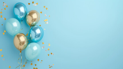 Blue and gold foil balloons on a pastel blue background