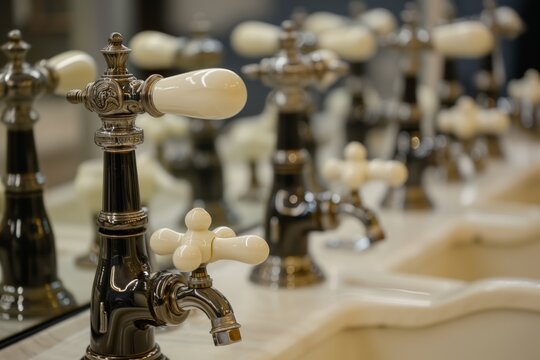 array of classic faucets with porcelain handles showcased