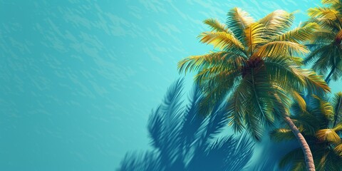 A tropical paradise with lush palm trees against a bright blue backdrop, perfect for a summer getaway. - obrazy, fototapety, plakaty