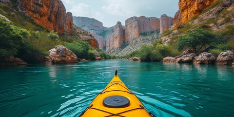 Brave kayakers travel along a picturesque river canyon among high mountains. - obrazy, fototapety, plakaty