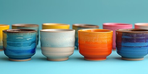 A traditional Japanese collection of ceramic cups in soothing colors, perfect for enjoying a hot drink.