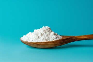 white powder on a wooden spoon on blue background