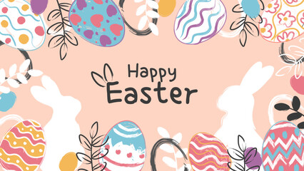 Happy Easter banner, poster, greeting card. Trendy Easter design with typography, bunnies, flowers, eggs, in pastel colors. Watercolor style.