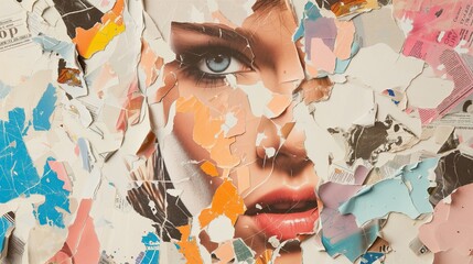 Collage of a woman's face on a backdrop of torn magazine pieces, creating a vibrant mixed-media artwork for posters or creative projects.