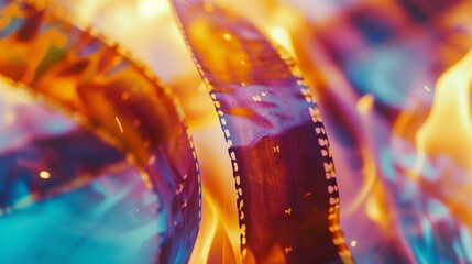 Close-up of a filmstrip with vibrant, abstract colors and light effects, creating a dynamic and artistic impression of film burning.