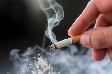 closeup of a persons hand flicking cigarette ash, smoke dispersing