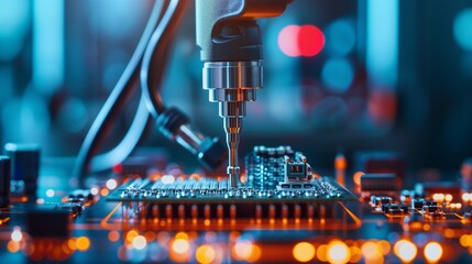 Automated soldering machine precisely operating on a PCB board, with vibrant electronic components and glowing lights in a tech manufacturing setting. - obrazy, fototapety, plakaty