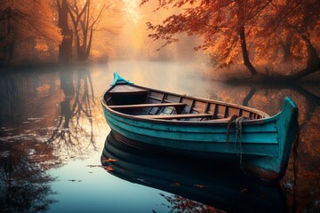 Tranquil dawn with a solitary wooden boat on a serene lake, embracing nature peaceful tranquility.