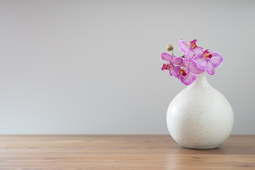 purple orchid in modern ceramic vase on white  background