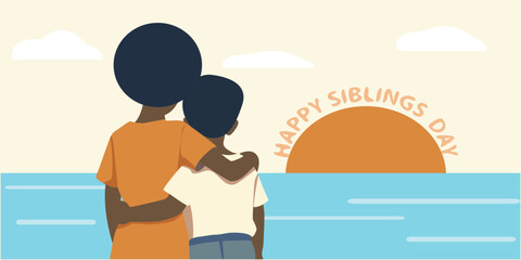 national siblings day, two kid-children standing - hugging each other, watching sunset 