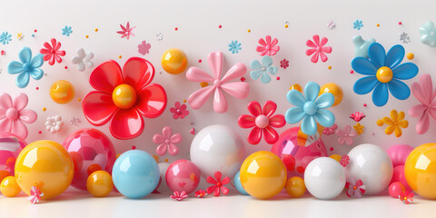 Obraz premium Festive and whimsical display of colorful balloons and flowers against a white background.