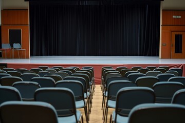 unfilled chairs facing a clean, empty presentation stage