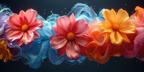 Artistic composition of colorful flowers with dynamic water splashes on a dark background.