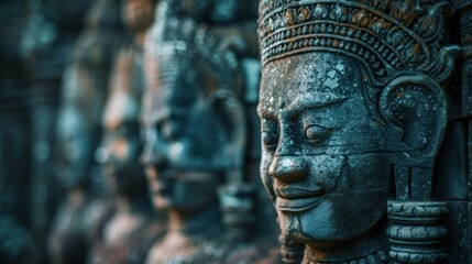 Carved face at Angkor Wat, major historical landmark of Cambodia