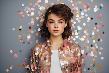A teenage girl in a sparkling sequined jacket, surrounded by a whimsical array of floating multicolored confetti