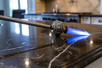 kitchen torch resting on a modern marble countertop with blue flame visible