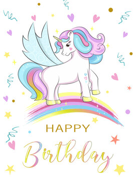 Cute unicorn on rainbow vector illustration. Birthday greeting card, poster, print, party concept, child books, wallpaper. Cute fairy tale animal. Kids background.