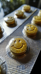 Fototapeta na wymiar pill tab packaging, the pills are colored smiley face circle pills