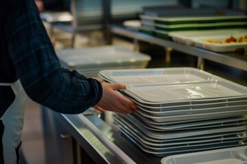 person stacking trays in canteen selfservice area