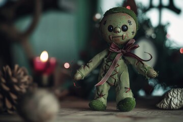 voodoo doll with a ribbon tied around its arm